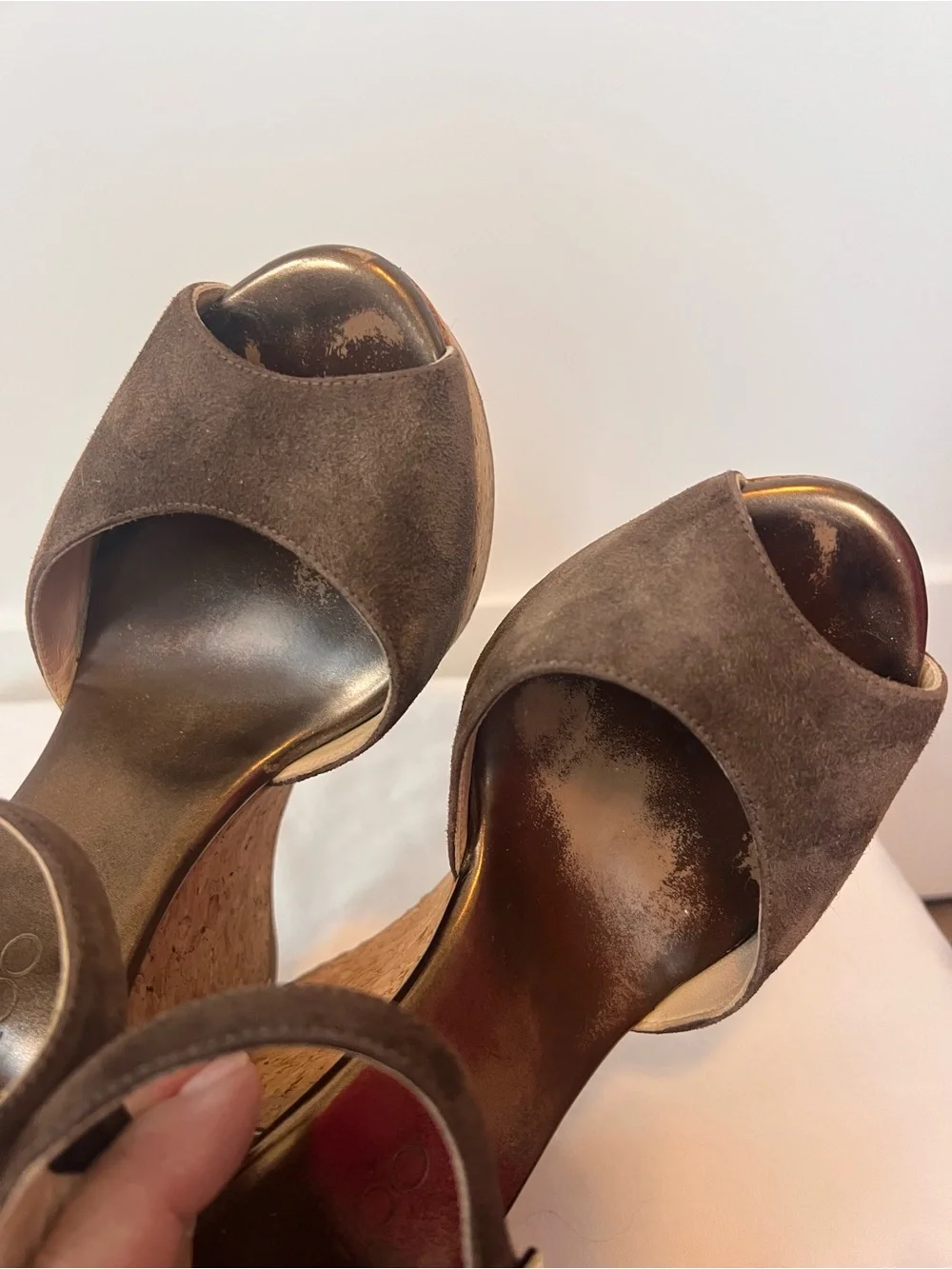 Jimmy Choo Brown Suede Cork Platform Wedge Sandals with Ankle Strap